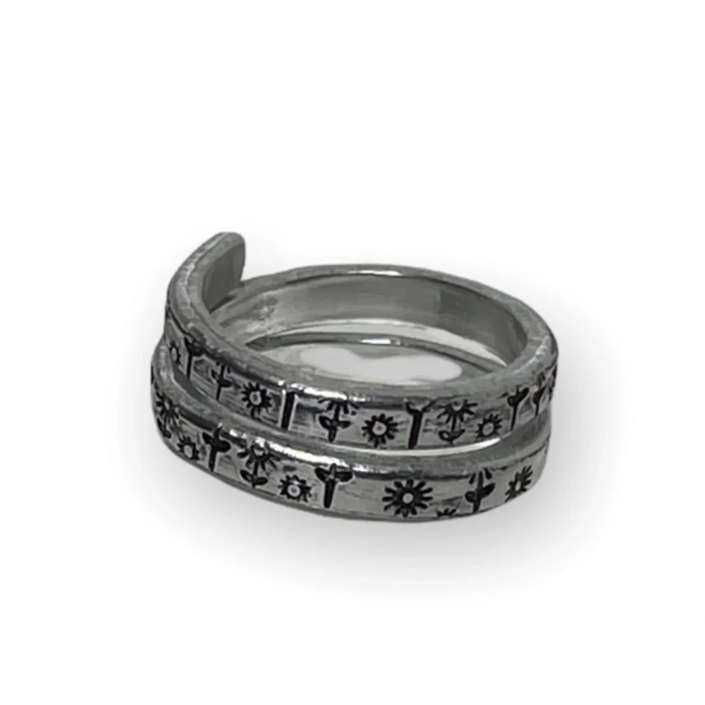 Handmade 8‎ stamped flower pattern silver adjustable hypoallergenic wrap ring